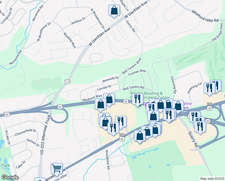 map of restaurants, bars, coffee shops, grocery stores, and more near 18 Madison Way in Downingtown