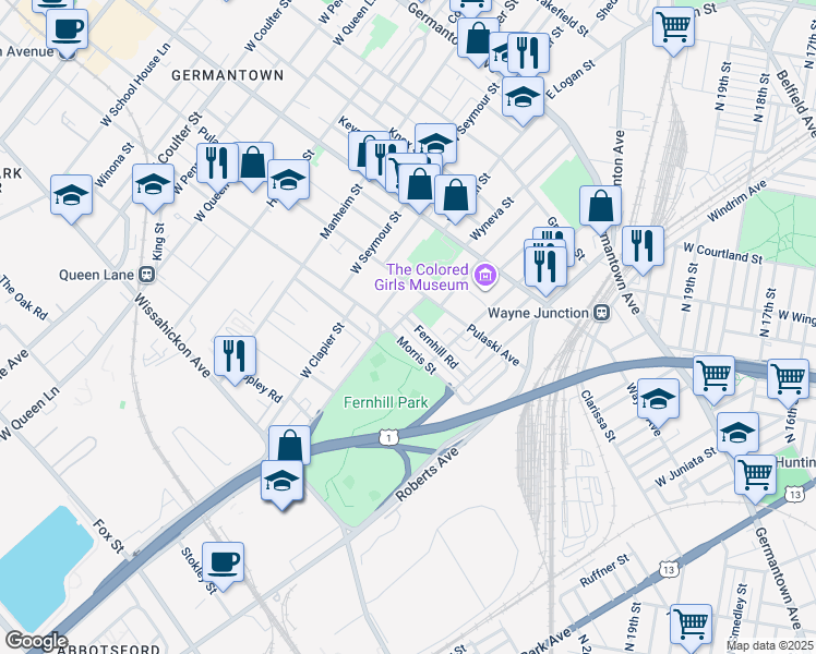 map of restaurants, bars, coffee shops, grocery stores, and more near 4652 Fernhill Road in Philadelphia