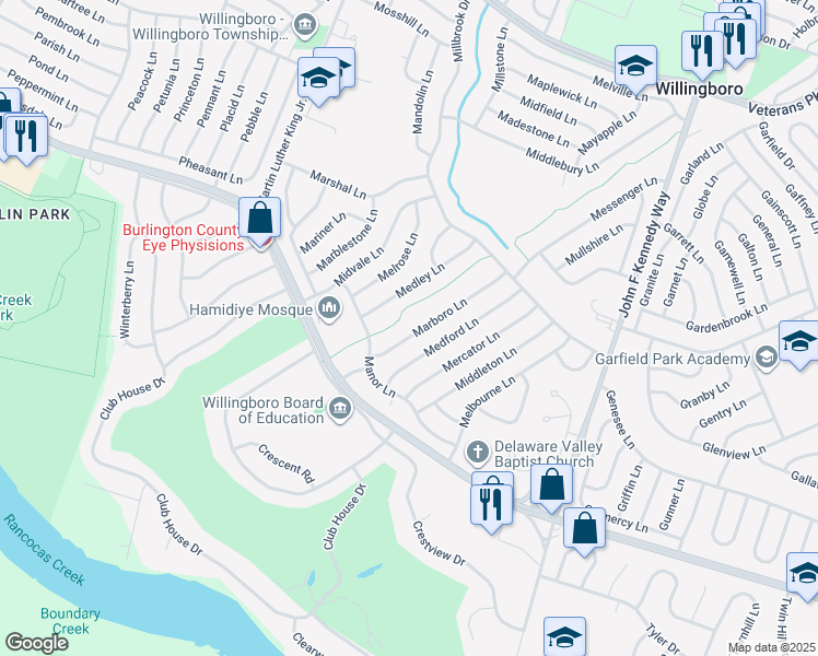 map of restaurants, bars, coffee shops, grocery stores, and more near 23 Marboro Lane in Willingboro