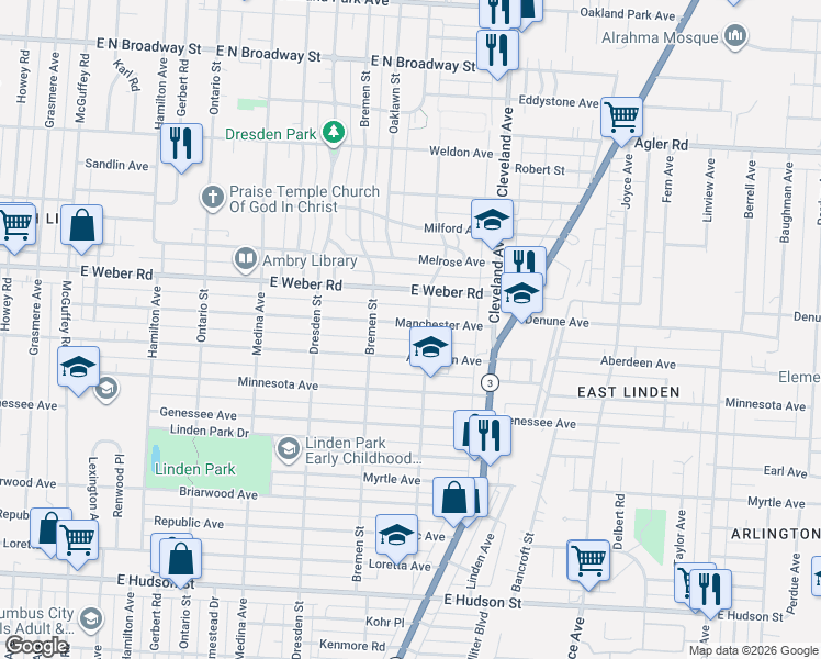 map of restaurants, bars, coffee shops, grocery stores, and more near 1619 Manchester Avenue in Columbus