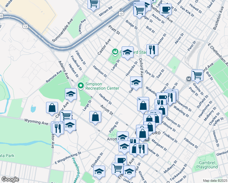 map of restaurants, bars, coffee shops, grocery stores, and more near 1142 Fillmore Street in Philadelphia
