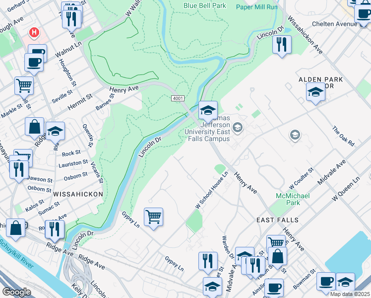 map of restaurants, bars, coffee shops, grocery stores, and more near 4141 Timber Lane in Philadelphia