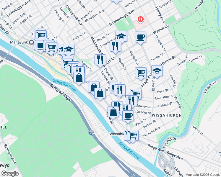 map of restaurants, bars, coffee shops, grocery stores, and more near 126 Seville Street in Philadelphia