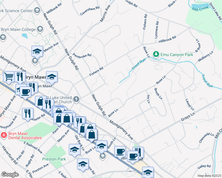map of restaurants, bars, coffee shops, grocery stores, and more near 200 Avon Road in Haverford