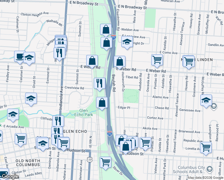 map of restaurants, bars, coffee shops, grocery stores, and more near 2799 Beulah Road in Columbus