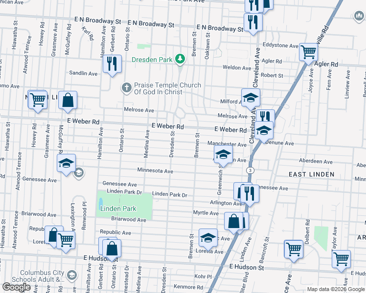 map of restaurants, bars, coffee shops, grocery stores, and more near 1517 Manchester Avenue in Columbus