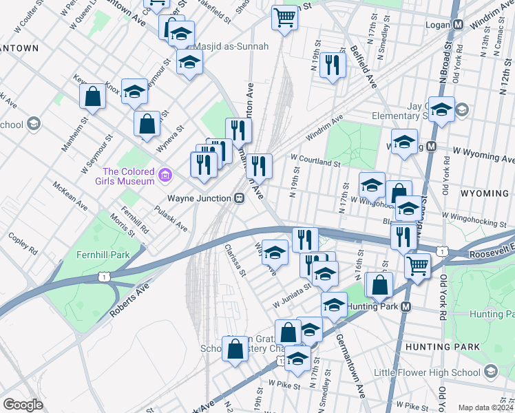 map of restaurants, bars, coffee shops, grocery stores, and more near 4433 Greene Street in Philadelphia