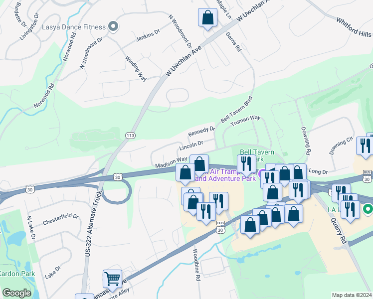 map of restaurants, bars, coffee shops, grocery stores, and more near 45 Lincoln Drive in Downingtown