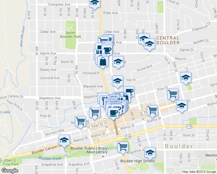 map of restaurants, bars, coffee shops, grocery stores, and more near 2319 13th Street in Boulder
