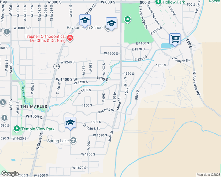 map of restaurants, bars, coffee shops, grocery stores, and more near 1438 South 50 East in Payson