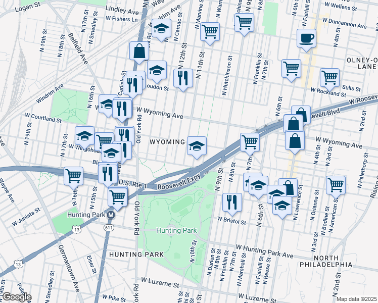 map of restaurants, bars, coffee shops, grocery stores, and more near 4531 North 11th Street in Philadelphia