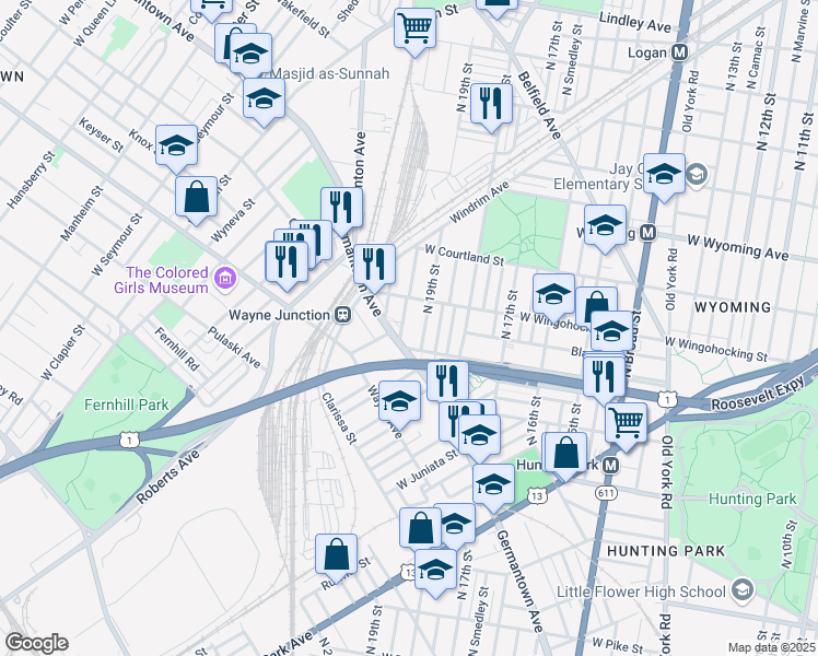 map of restaurants, bars, coffee shops, grocery stores, and more near 4417 North Uber Street in Philadelphia