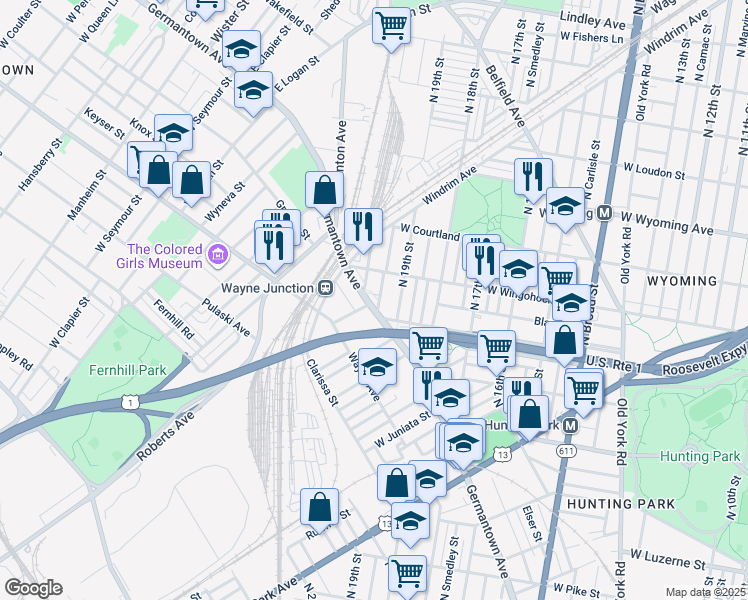 map of restaurants, bars, coffee shops, grocery stores, and more near 4417 North Uber Street in Philadelphia