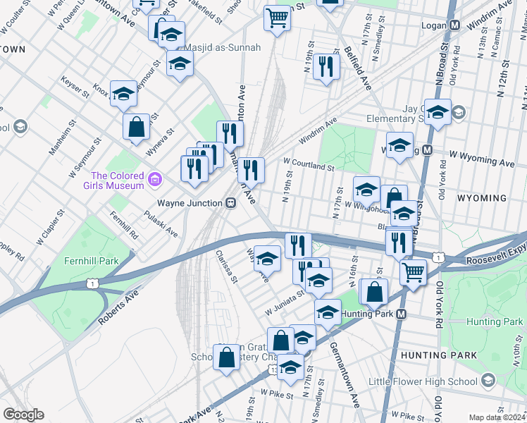 map of restaurants, bars, coffee shops, grocery stores, and more near 4417 North Uber Street in Philadelphia