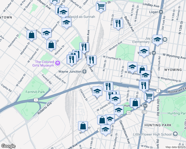 map of restaurants, bars, coffee shops, grocery stores, and more near 4433 Greene Street in Philadelphia