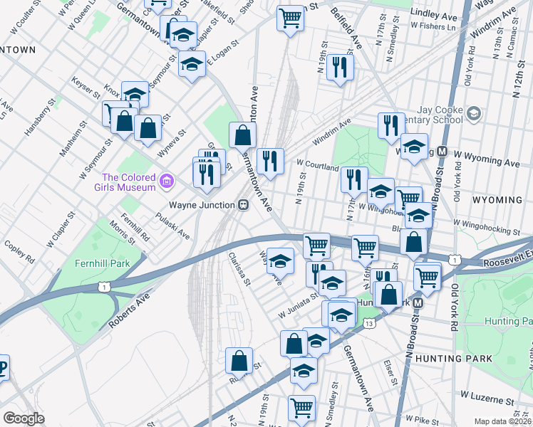 map of restaurants, bars, coffee shops, grocery stores, and more near 4433 Greene Street in Philadelphia