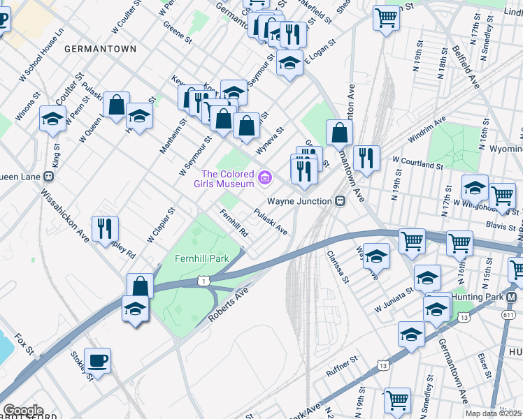 map of restaurants, bars, coffee shops, grocery stores, and more near 4551 Pulaski Avenue in Philadelphia