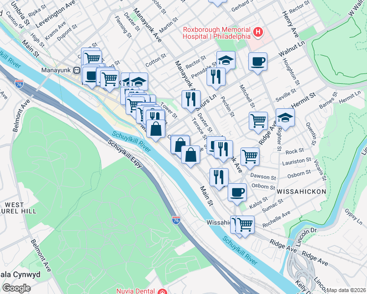 map of restaurants, bars, coffee shops, grocery stores, and more near 119 East Street in Philadelphia