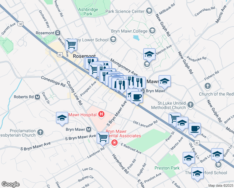 map of restaurants, bars, coffee shops, grocery stores, and more near 1 Central Avenue in Bryn Mawr