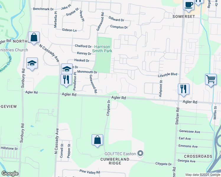 map of restaurants, bars, coffee shops, grocery stores, and more near 3336-3456 Agler Road in Columbus