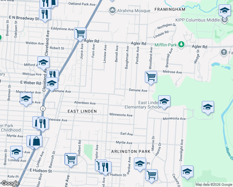 map of restaurants, bars, coffee shops, grocery stores, and more near 2108 Paul Drive in Columbus