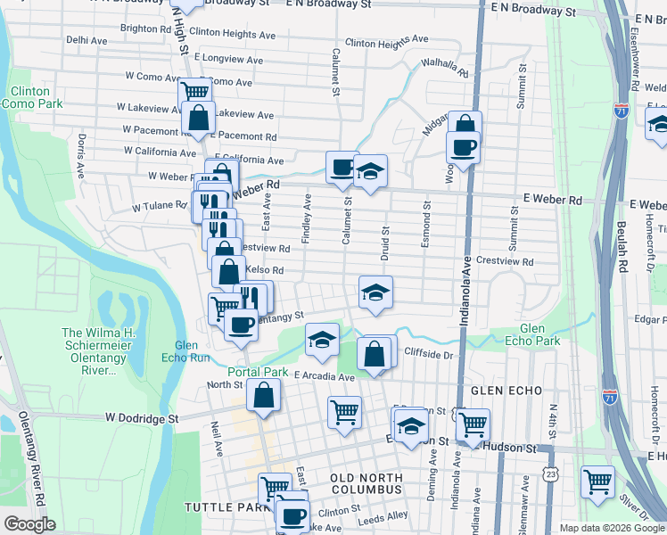 map of restaurants, bars, coffee shops, grocery stores, and more near 159 East Kelso Road in Columbus