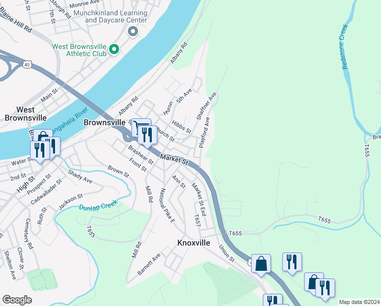map of restaurants, bars, coffee shops, grocery stores, and more near 7 Steele Street in Brownsville