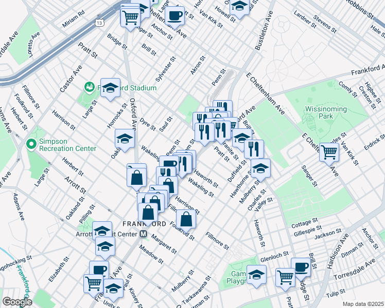 map of restaurants, bars, coffee shops, grocery stores, and more near 1543 Dyre Street in Philadelphia