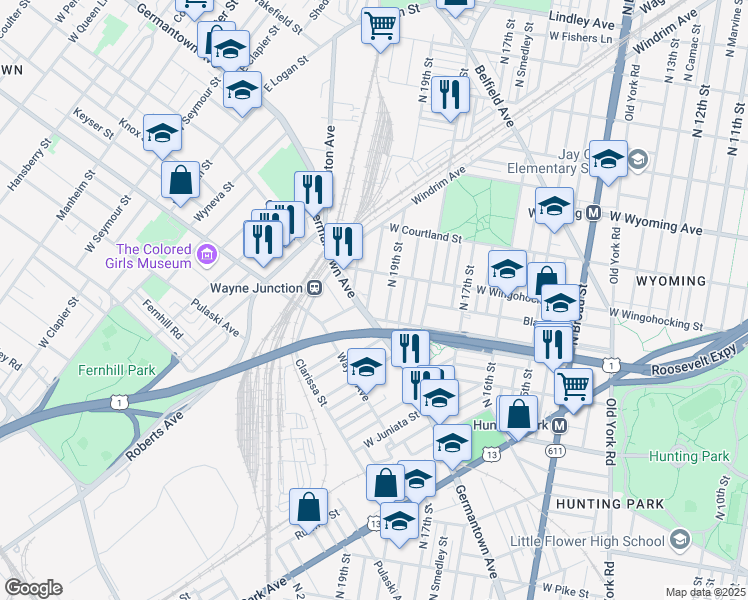 map of restaurants, bars, coffee shops, grocery stores, and more near 4425 North Uber Street in Philadelphia