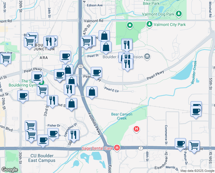 map of restaurants, bars, coffee shops, grocery stores, and more near 4845 Pearl East Circle in Boulder