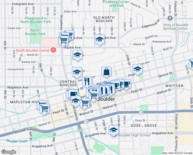 map of restaurants, bars, coffee shops, grocery stores, and more near 1528 Mapleton Avenue in Boulder