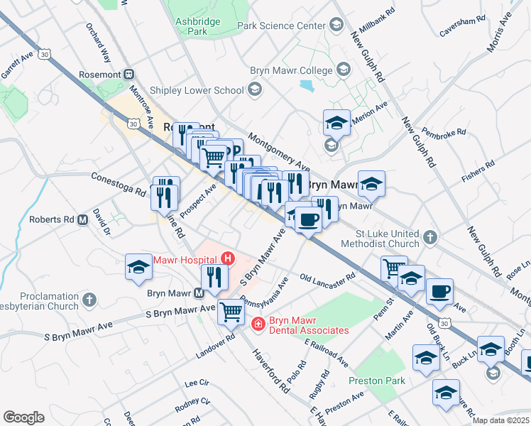 map of restaurants, bars, coffee shops, grocery stores, and more near 830 West Lancaster Avenue in Bryn Mawr