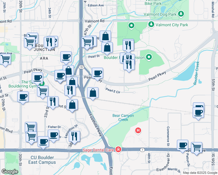 map of restaurants, bars, coffee shops, grocery stores, and more near 4845 Pearl East Circle in Boulder