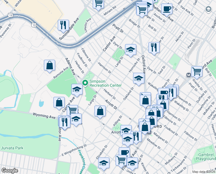 map of restaurants, bars, coffee shops, grocery stores, and more near 1119 Herbert Street in Philadelphia