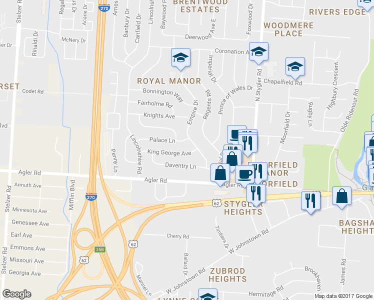 map of restaurants, bars, coffee shops, grocery stores, and more near 522 King George Avenue in Columbus