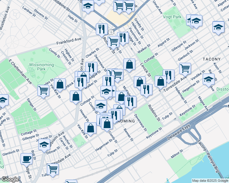 map of restaurants, bars, coffee shops, grocery stores, and more near 6139 Gillespie Street in Philadelphia