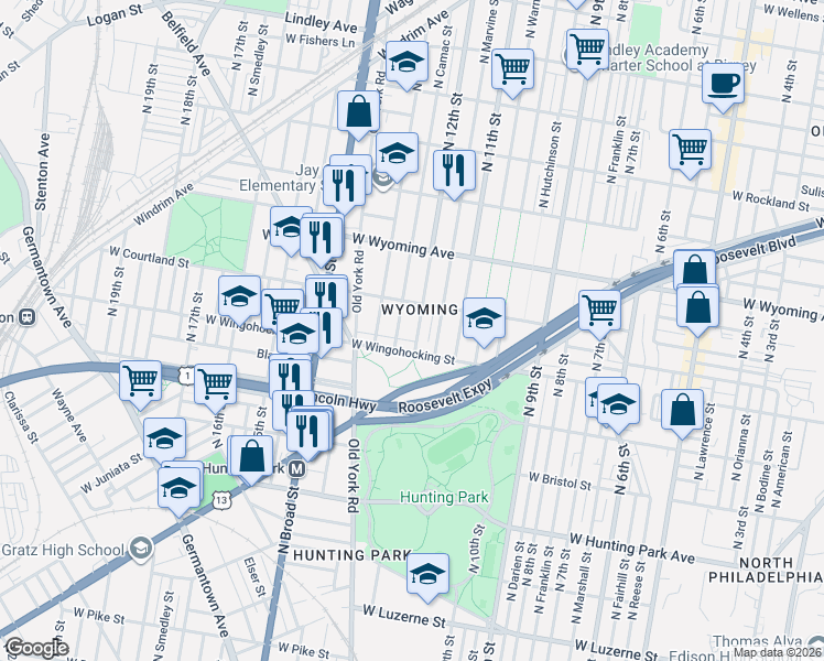 map of restaurants, bars, coffee shops, grocery stores, and more near 4513 North Camac Street in Philadelphia
