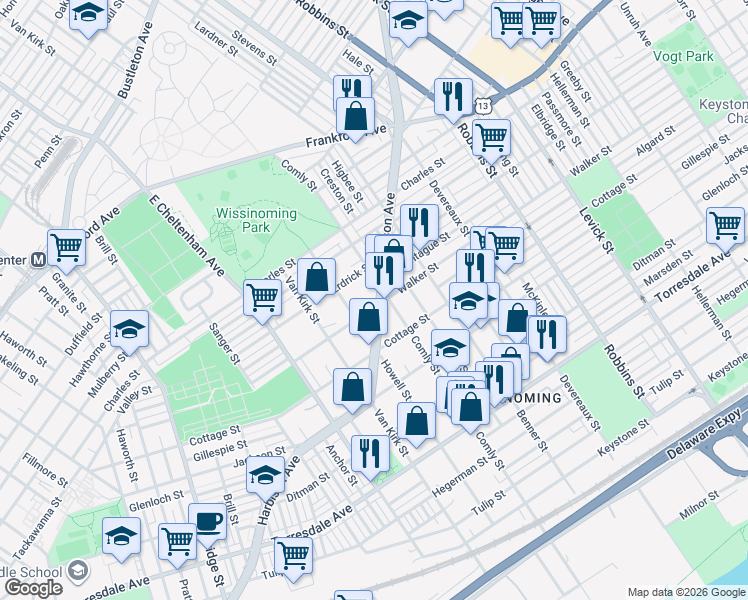 map of restaurants, bars, coffee shops, grocery stores, and more near 5918 Walker Street in Philadelphia