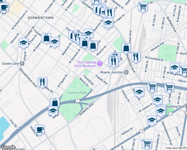 map of restaurants, bars, coffee shops, grocery stores, and more near 4630R Pulaski Avenue in Philadelphia