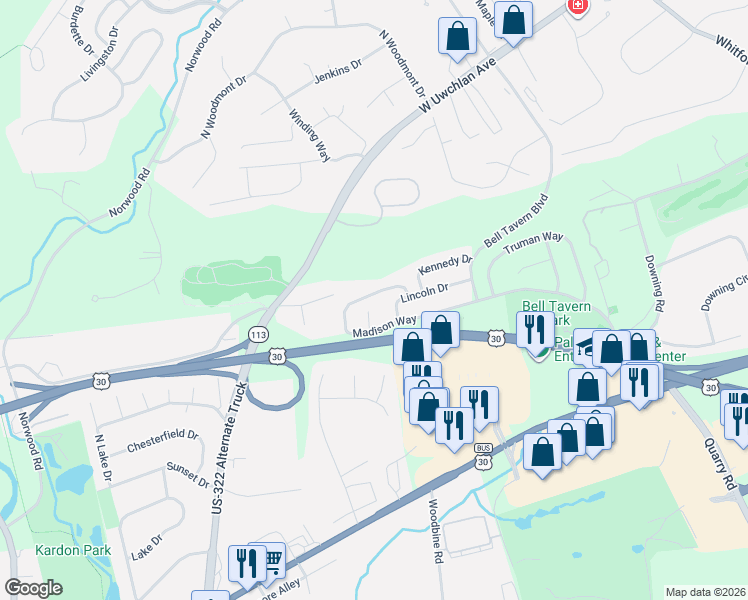map of restaurants, bars, coffee shops, grocery stores, and more near 126 Madison Way in Downingtown