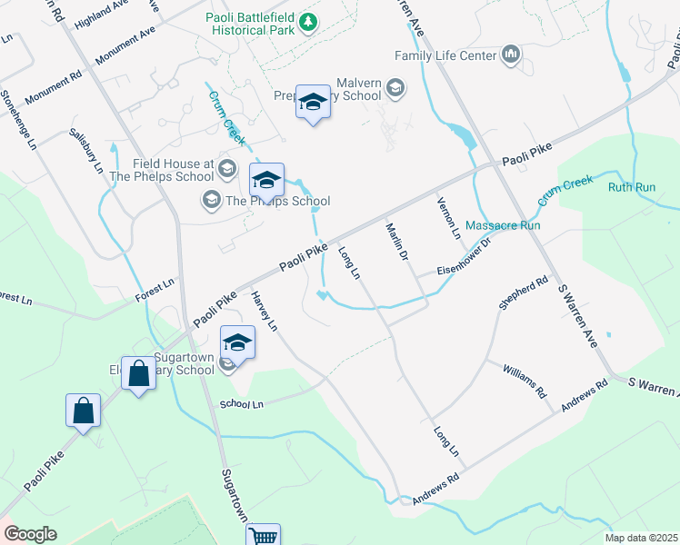 map of restaurants, bars, coffee shops, grocery stores, and more near 6 Long Lane in Malvern