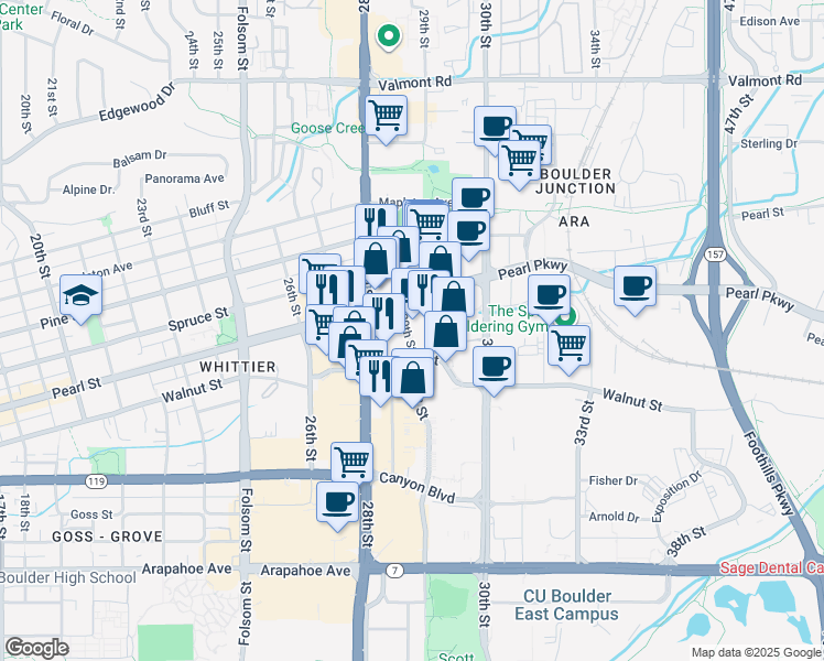 map of restaurants, bars, coffee shops, grocery stores, and more near 2800 Pearl Street in Boulder