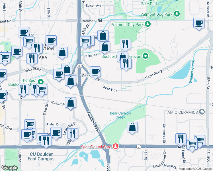 map of restaurants, bars, coffee shops, grocery stores, and more near 4845 Pearl East Circle in Boulder