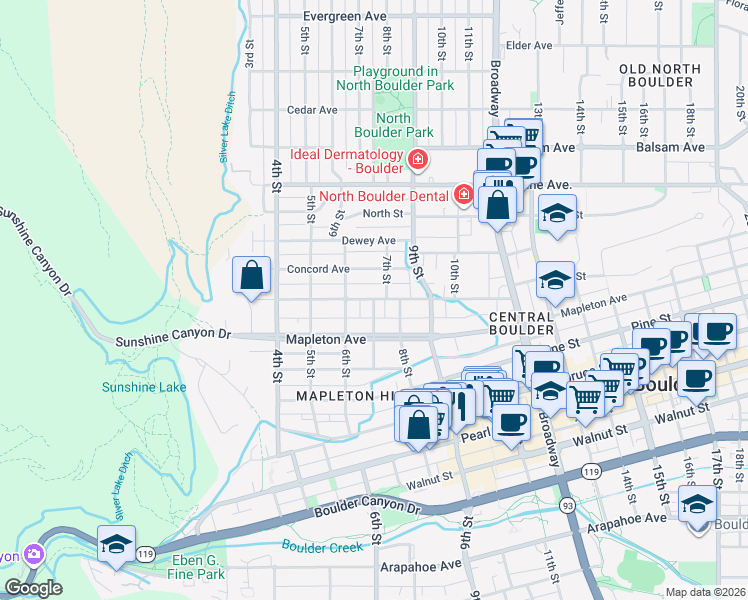 map of restaurants, bars, coffee shops, grocery stores, and more near 2498 7th Street in Boulder
