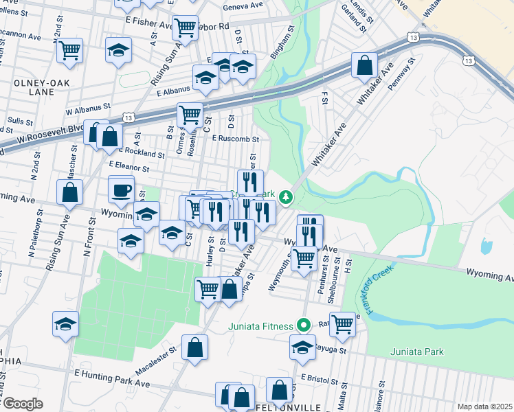 map of restaurants, bars, coffee shops, grocery stores, and more near 4765 Rorer Street in Philadelphia