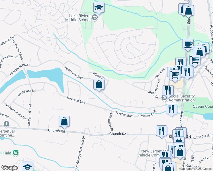map of restaurants, bars, coffee shops, grocery stores, and more near 24 Yellowstone Drive in Toms River
