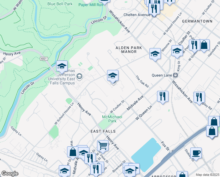 map of restaurants, bars, coffee shops, grocery stores, and more near 3000 West School House Lane in Philadelphia