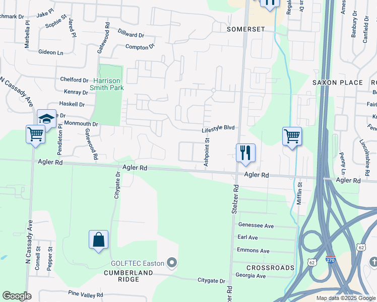 map of restaurants, bars, coffee shops, grocery stores, and more near 2389 Maple Hedge Way in Columbus