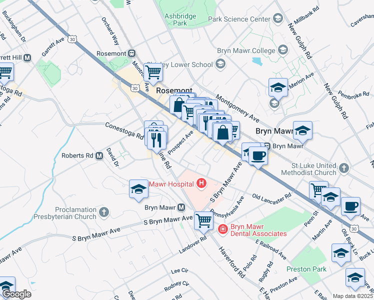 map of restaurants, bars, coffee shops, grocery stores, and more near 42 South Merion Avenue in Bryn Mawr