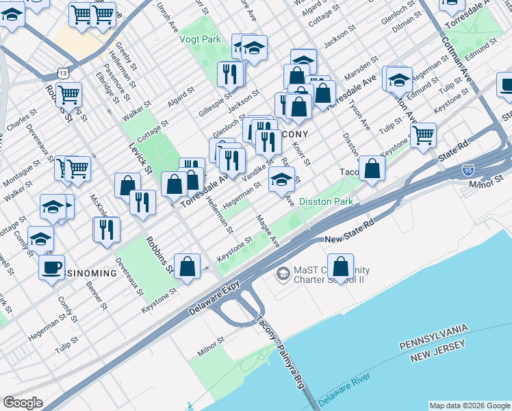 map of restaurants, bars, coffee shops, grocery stores, and more near 6609 Edmund Street in Philadelphia